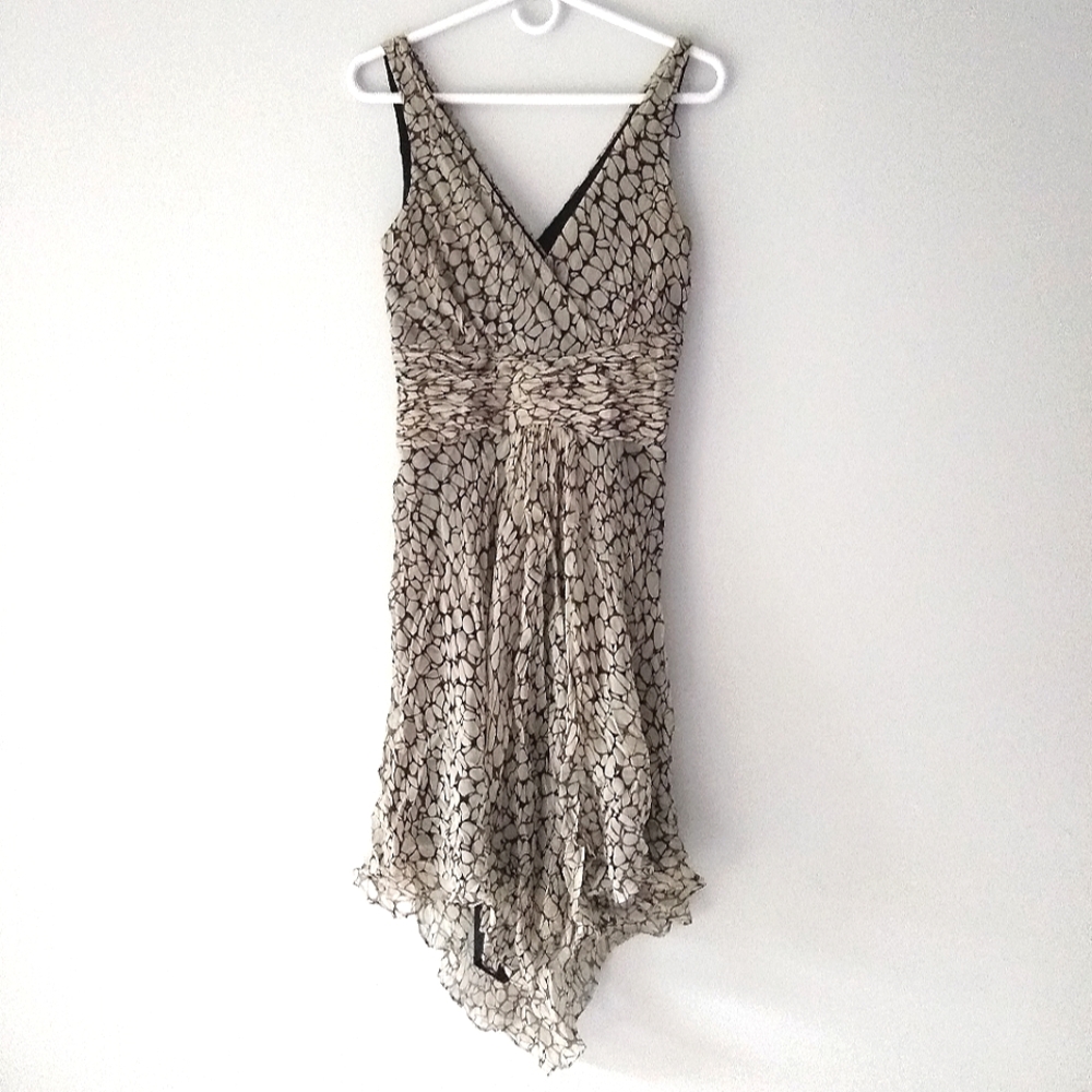 London Times Ecru & Brown Sleeveless Deep V-Neck Asymmetrical Scarf Hem Dress, 6